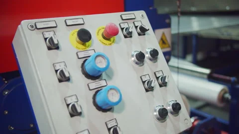 Machine control panel with buttons and indicators at factory Stock Footage 231905904