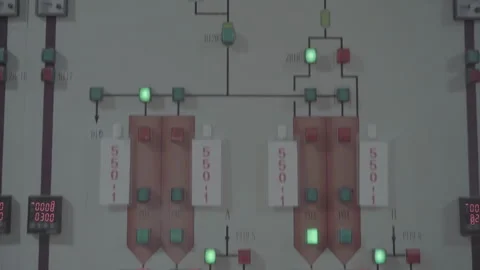 Machine control panel with push buttons, switches and knobs, showcasing 스톡 동영상 310923808