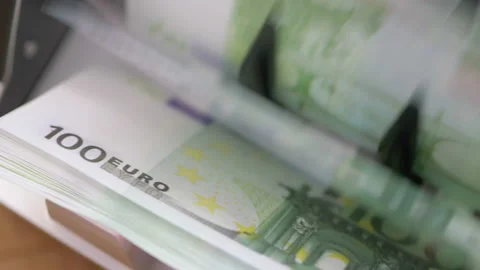 Machine counter automatic calculates a large amount of Euro banknotes in 4K Stock Footage 155741082