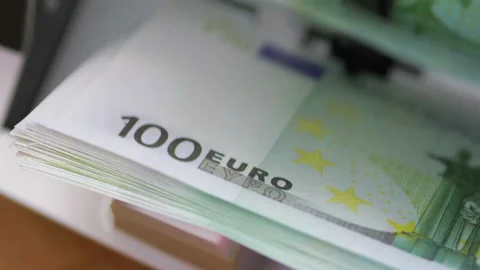 Machine counter automatic calculates a large amount of Euro banknotes in 4K Stock Footage 155741380