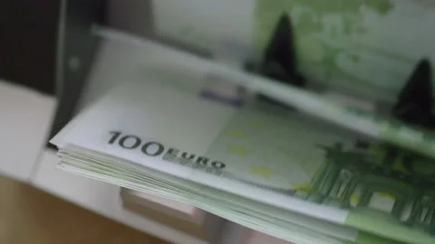 Machine counter automatic calculates a large amount of Euro banknotes in Slow Stock Footage 155741806