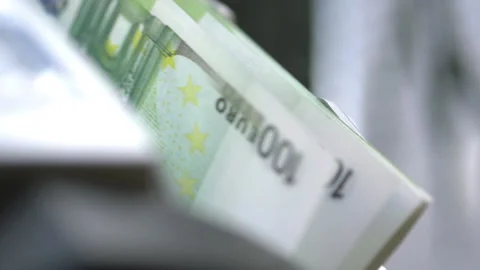 Machine counter automatic calculates a large amount of Euro banknotes in Slow Stock Footage 155741893