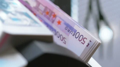Machine counter automatic calculates a large amount of Euro banknotes in 4K Stock Footage 155744661