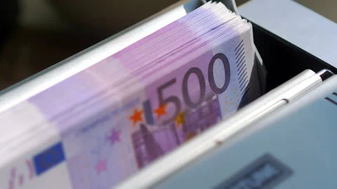 Machine counter automatic calculates a large amount of Euro banknotes in 4K Stock Footage 155744958