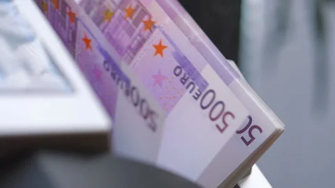 Machine counter automatic calculates a large amount of Euro banknotes in Slow Stock Footage 155745207