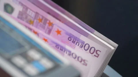 Machine counter automatic calculates a large amount of Euro banknotes in Slow Stock Footage 155745475