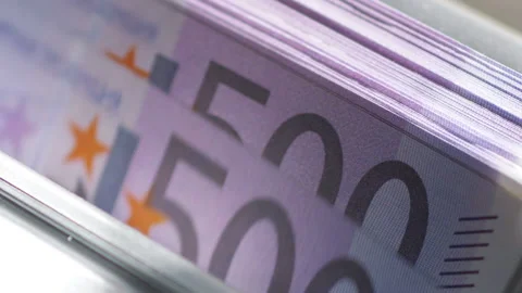 Machine counter automatic calculates a large amount of Euro banknotes in Slow Stock Footage 155745568