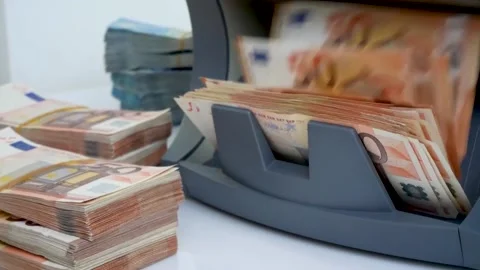 Machine counter automatic calculates a large amount of Euro banknotes Stock Footage 220765244