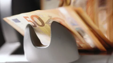 Machine counter automatic calculates a large amount of Euro banknotes in 4k Slow Stock Footage 231033981