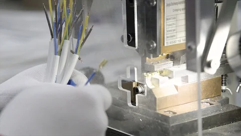 Machine crimp connector for electrical connection manufacturing Stock Footage 127827967