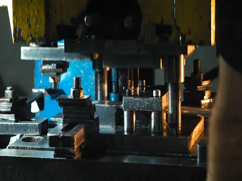 The machine cuts the sheet metal. Large hydraulic guillotine shears. Stock Footage 77930256