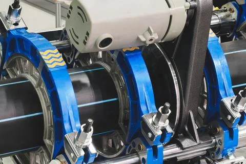 Machine for cutting and welding polypropylene water and sewer pipes of large  Foto stock