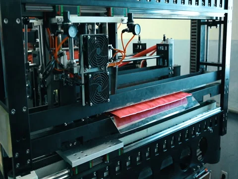 A machine is cutting red fabric Stock Footage 73714138