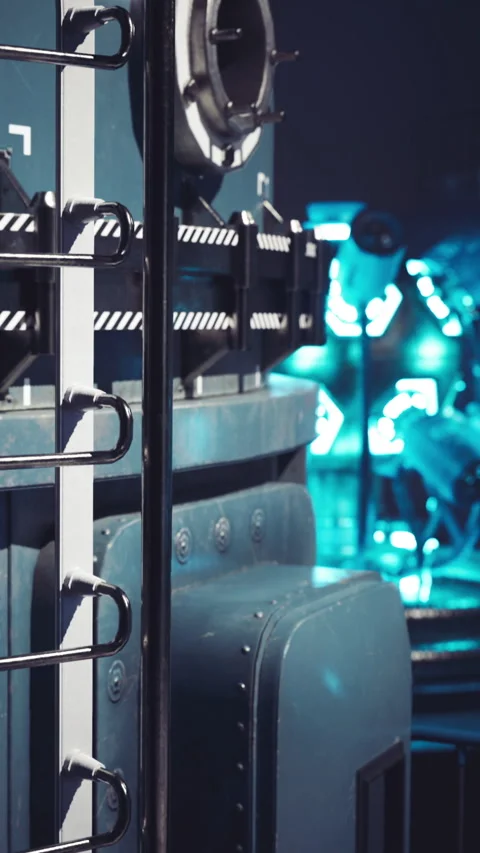 Machine equipment and stage setup in a dark background with blue lights Stock Footage 339781825
