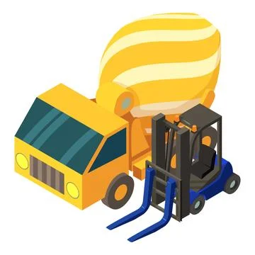 Machine equipment icon isometric vector. Concrete mixer truck and automat loader Stock Illustration