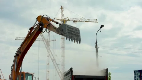 Machine, excavator, works on construction site. Hydraulic bucket of excavator Stock Footage 313302713