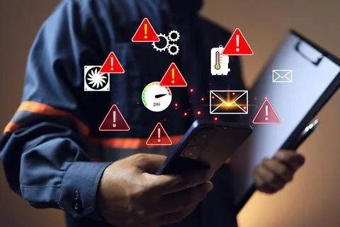 Machine facility system alert concept with engineer check message to report a Fotos de archivo