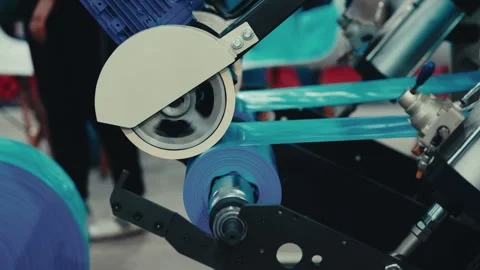 Machine in Factory for Garbage Bag Production Rolling Flat Polyethylene Blue Stock Footage 247449575