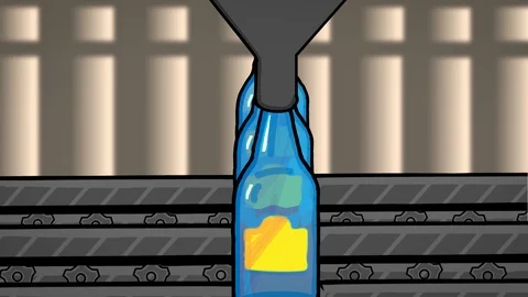 Machine fills Bottles with beverage In Factory, Animation, 4K Stock Footage