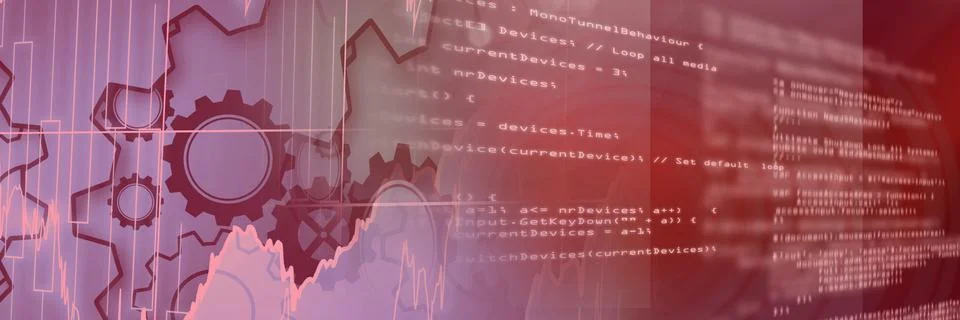 Machine gears and computer code against gradient background, technology and Stock Illustration