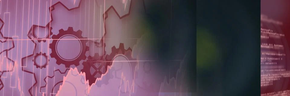 Machine gears and computer code against gradient background, technology and Stock Illustration