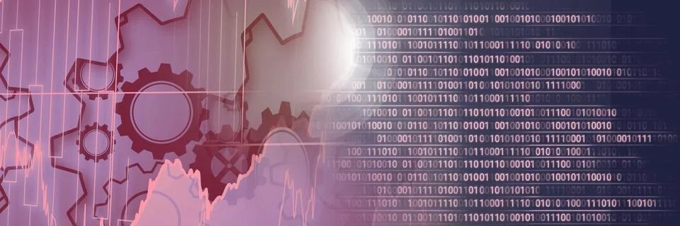 Machine gears and computer code against gradient background, technology and Stock Illustration