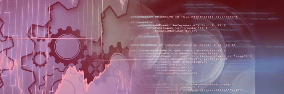 Machine gears and computer code against gradient background, technology and Stock Illustration