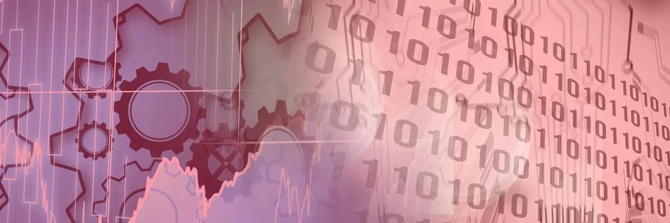 Machine gears and computer code against gradient background, technology and Stock Illustration