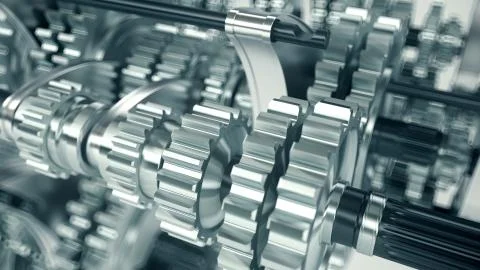 Machine gears rotating in mechanism, engine parts, machinery background, 3D Foto stock
