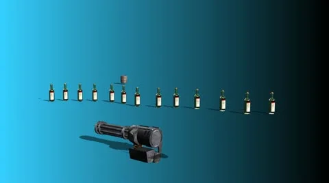Machine Gun Blasts Bottles Away, Blue Background Video stock 11408057