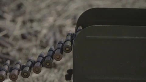  machine gun cartridges, close up, use of bullets, machine gun tape Vídeo Stock 267315694