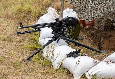 Machine gun nest, position, lined with sandbags 스톡 사진