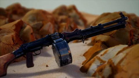 Machine gun at the sand Stockbeeldmateriaal 143891740