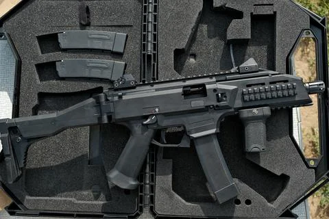 Machine gun is on the table. machine gun close-up. military weapon. 写真素材