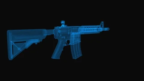 Machine gun wireframe scheme. 3d render with blue grid lines. Loop rotation Stock Footage 140564507
