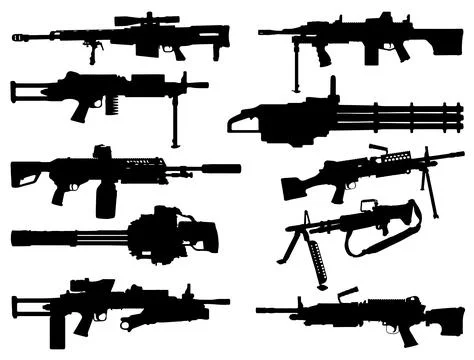 Machine Guns silhouette vector art white background Stock Illustration