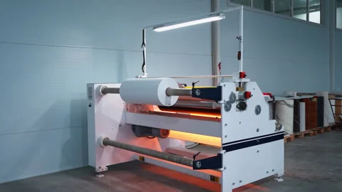 Machine heats plastic foil sheet before window sills lamination Stock Footage 304395687