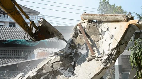 Machine hydraulic hammer destroy old building in construction site Stock Footage 32183376