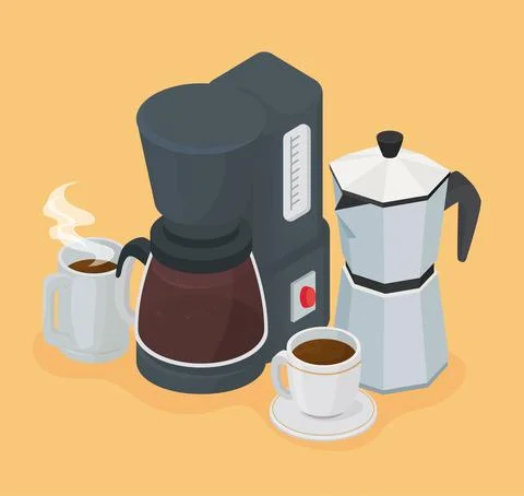 Machine with kettle and cups coffee drinks icons Stock Illustration