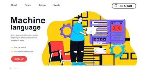 Machine language concept for landing page template. Programmer gives instruct Illustrazione stock