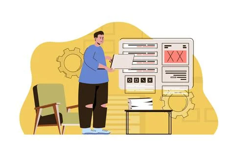 Machine language concept. Programmer works on laptop, gives instruction set Stock-Illustration