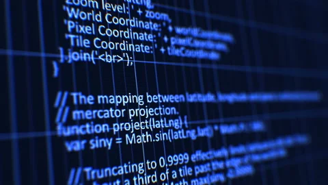 Machine Language Running on the Data Screen with DOF Blur. Blue Color Software Stock-Footage 87556565