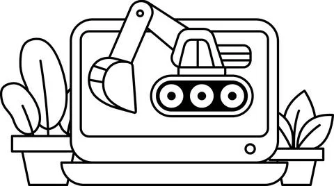 The machine is a large excavator and is surrounded by several potted plants Illustrazione stock
