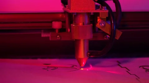 Machine for laser cut wood close up nice red and blue light Stock Footage 112113949