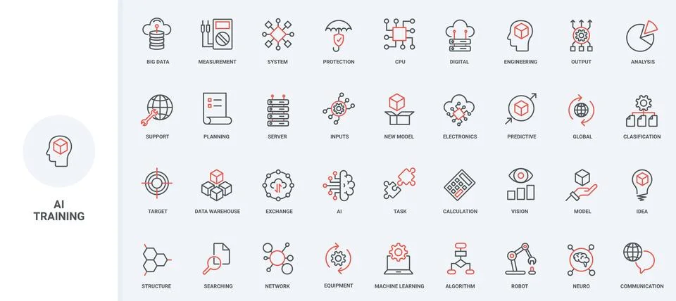 Machine learning, AI and neural network model training, algorithms line icon set Stock Illustration
