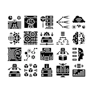 Machine Learning Ai Glyph Set Vector Illustration 스톡 일러스트