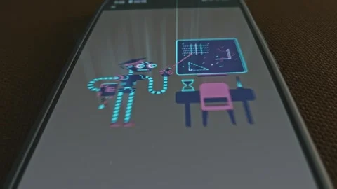 Machine Learning, AI Robot themed graphic presentation on smartphone Stock Footage 303427473