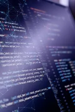 Machine learning algorithm and predictive analytics code on computer screen w Stock Photos
