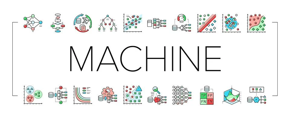Machine learning algorithm model icons set vector Stock Illustration