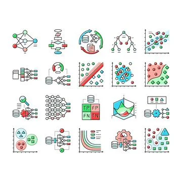 Machine learning algorithm model icons set vector イラスト素材